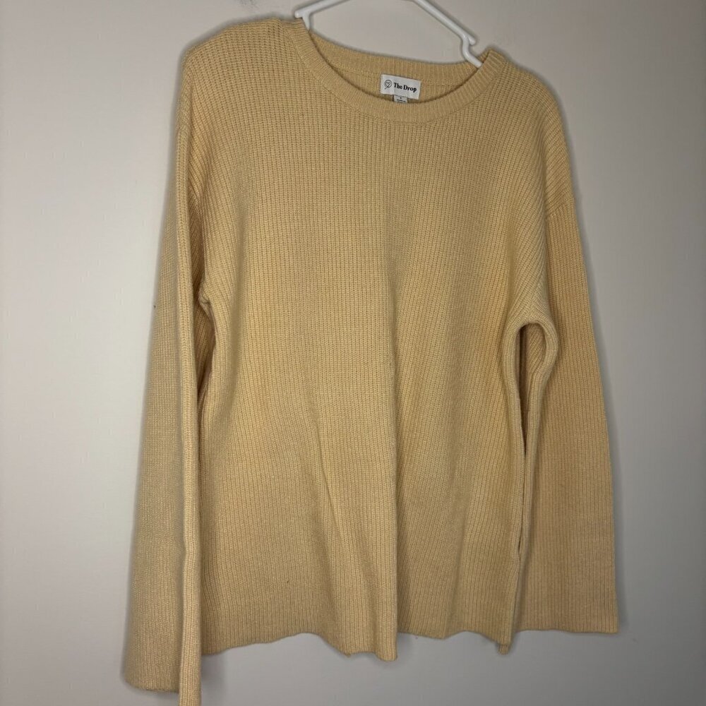THE DROP NEW Crew Neck Sweater Knit Ribbed Womens S Tan Bell Sleeve Back Slit